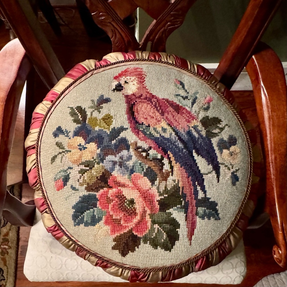 Vintage Needlepoint Parrot Pillow